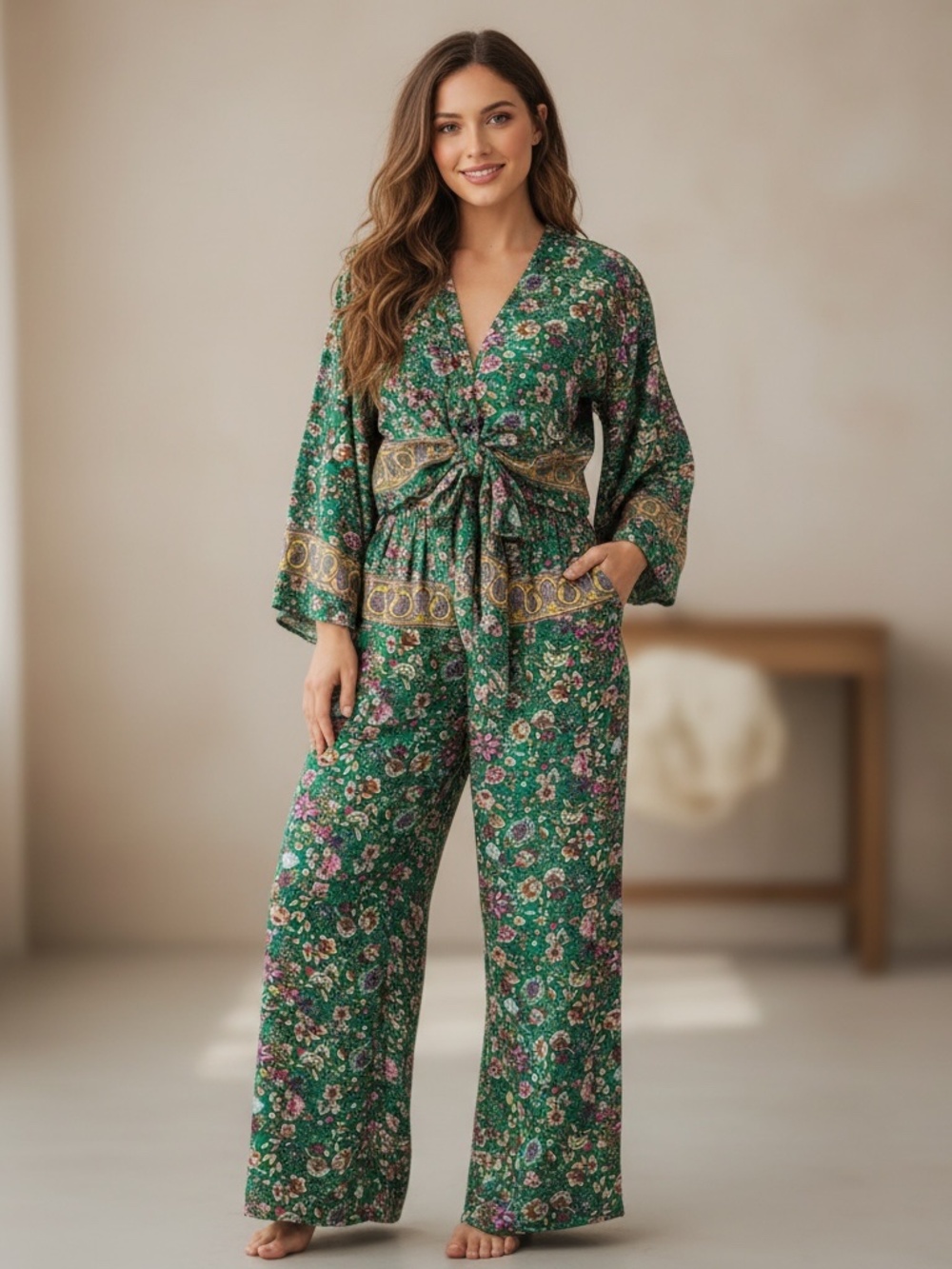 White Waves Green Floral Set with Tie Top and Wide Leg Pants